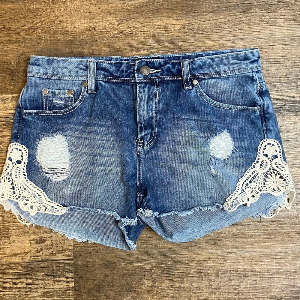 Joe Boxer Boho Denim‎ Cutoff Distressed Shorts Small Lace Y2K Festival Fairycore